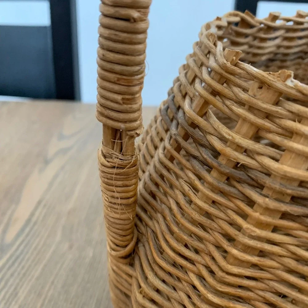 Vintage Hand Woven Wicker Basket with High Arch Handle Natural Brown Oval Rustic